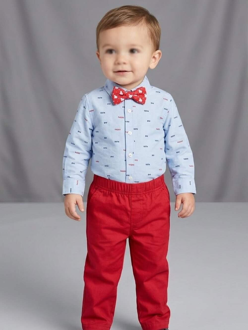 Patriotic 18M Coord Set: Blue Shirt, Red Poplin Pants & Polar Bear Bow Tie